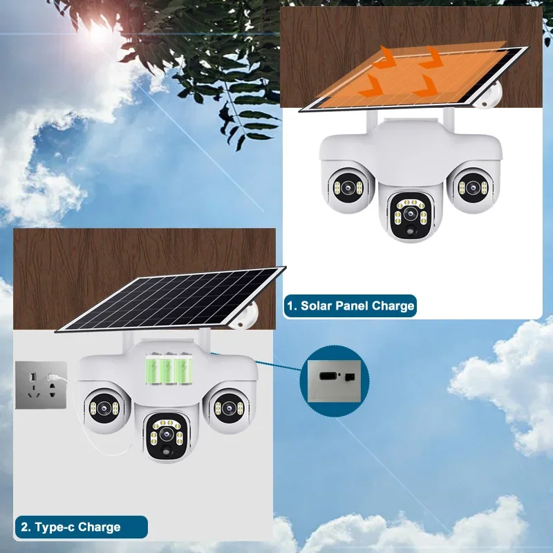 15MP V380 Pro 8K камера с тремя объективами 4G Солнечная камера уличная водонепроницаемая PIR обнаружение гуманоидов видеомонитор безопасности ночного видения