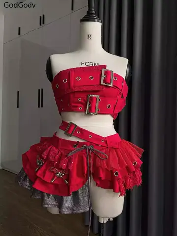 Punk Style Vintage Woman 2 Piece Sets Y2k Design Strapless Crop Tops + High Waist Ruffle Skirt Female Party Korea Style Outfits
