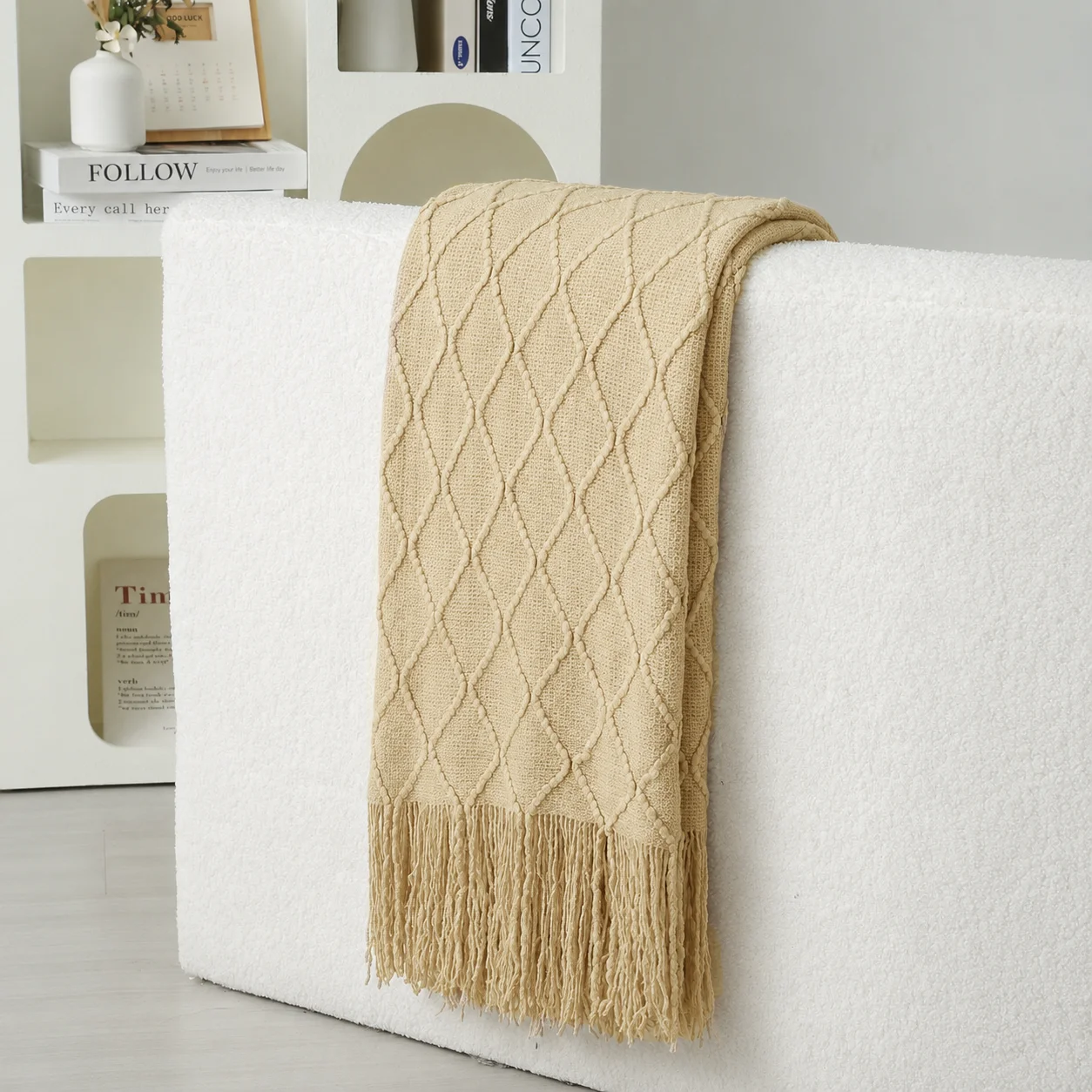 Boho Throw Blanket Fringe - Licht kaki diamantpatroon gebreide plaid met