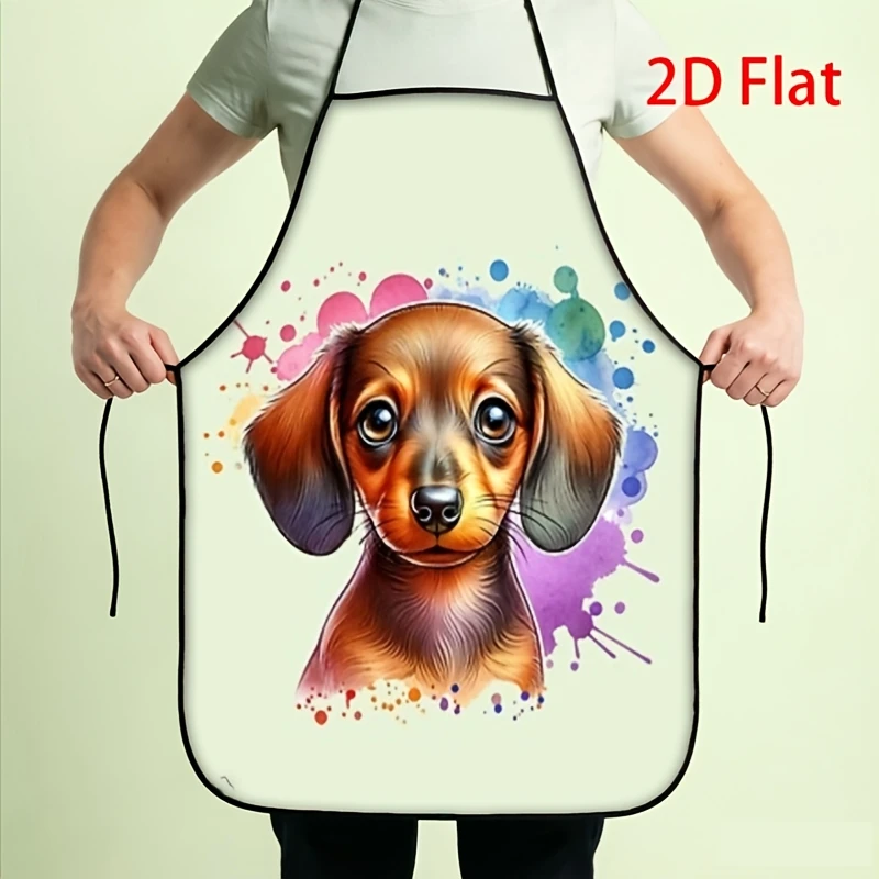 1pc 2D Printed Creative Apron Featuring A Cute Dachshund Puppy With Expressive Eyes Surrounded By Vibrant Watercolor Splashes In