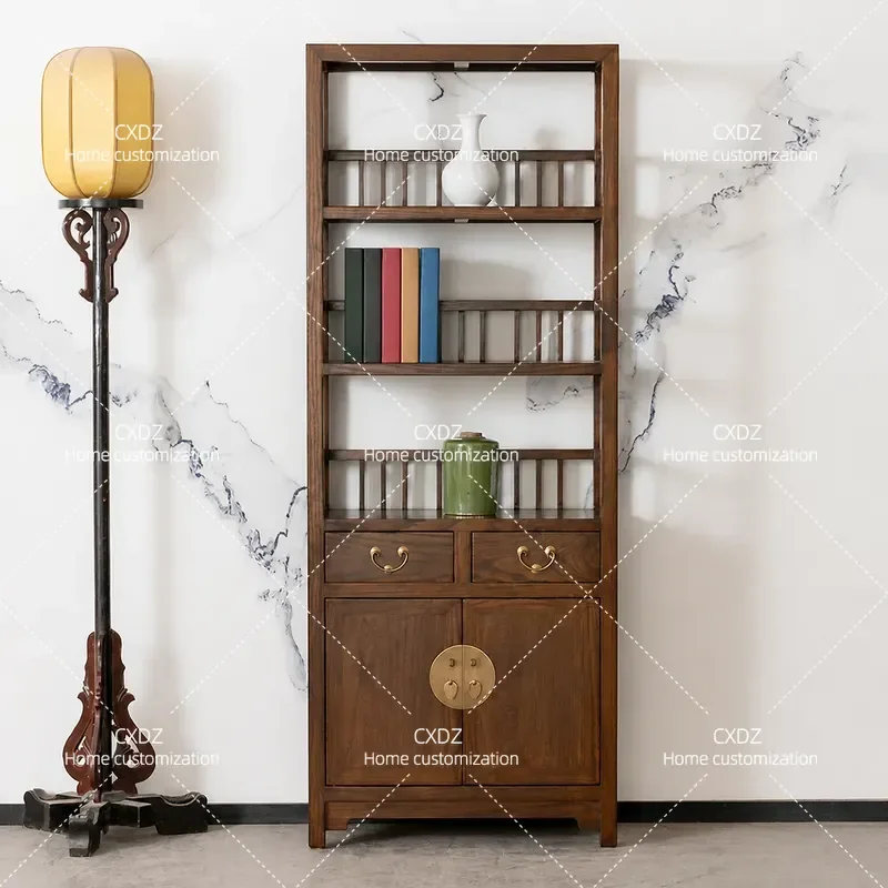 New Chinese Style Antique Solid Wood Bookshelf Storage Cabinet Old Elm High Porch Cupboard Classical Walnut Customizable