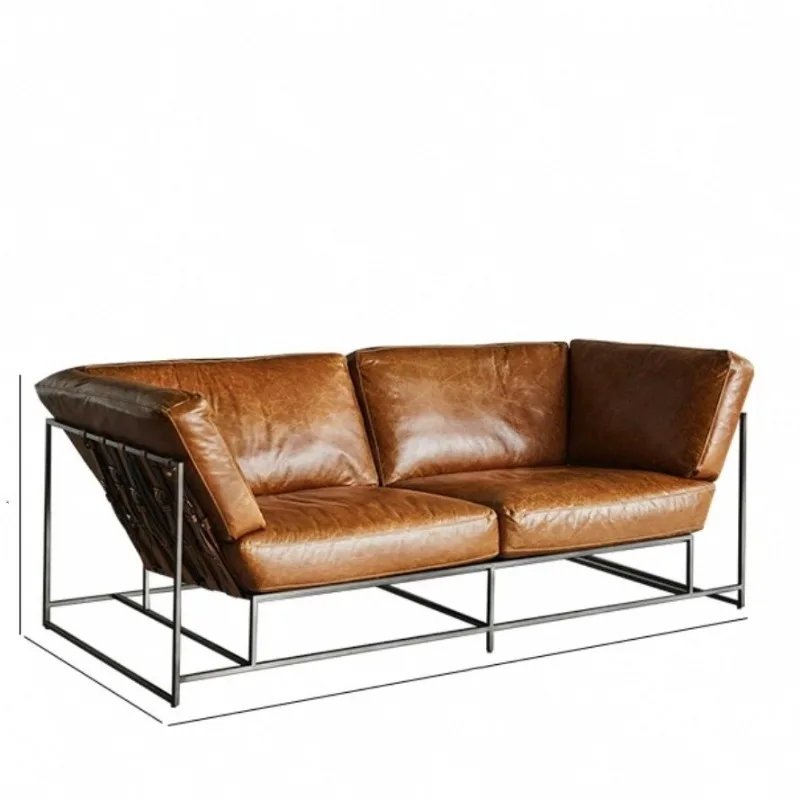 

Old money wind oil wax leather brown small living room retro casual lazy design living room sofa