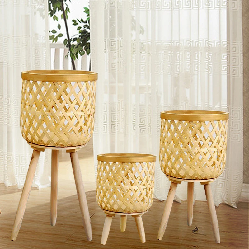 Handmade Woven Flower Pot with Stand Wooden Plant Flower Display Storage Baskets Living Room Balcony Garden Home Decoration