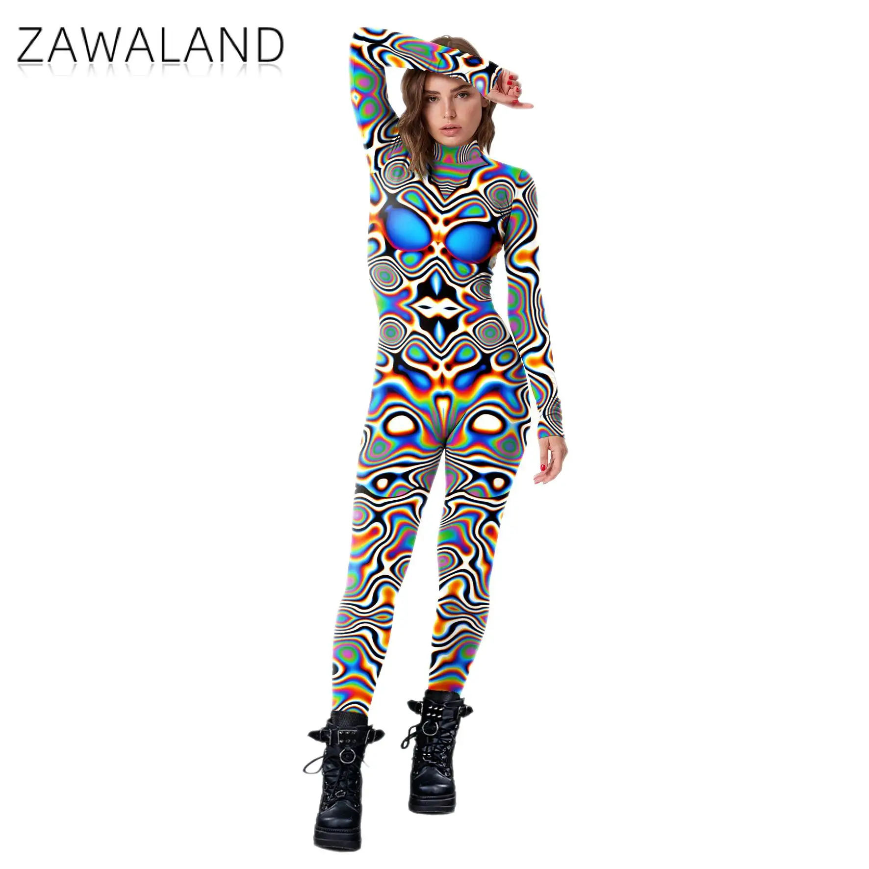 Halloween Cosplay Costumes for Women Carnival punk Steampunkartistic Pattern Sexy Slim Jumpsuit Performance Zentai Bodysuit