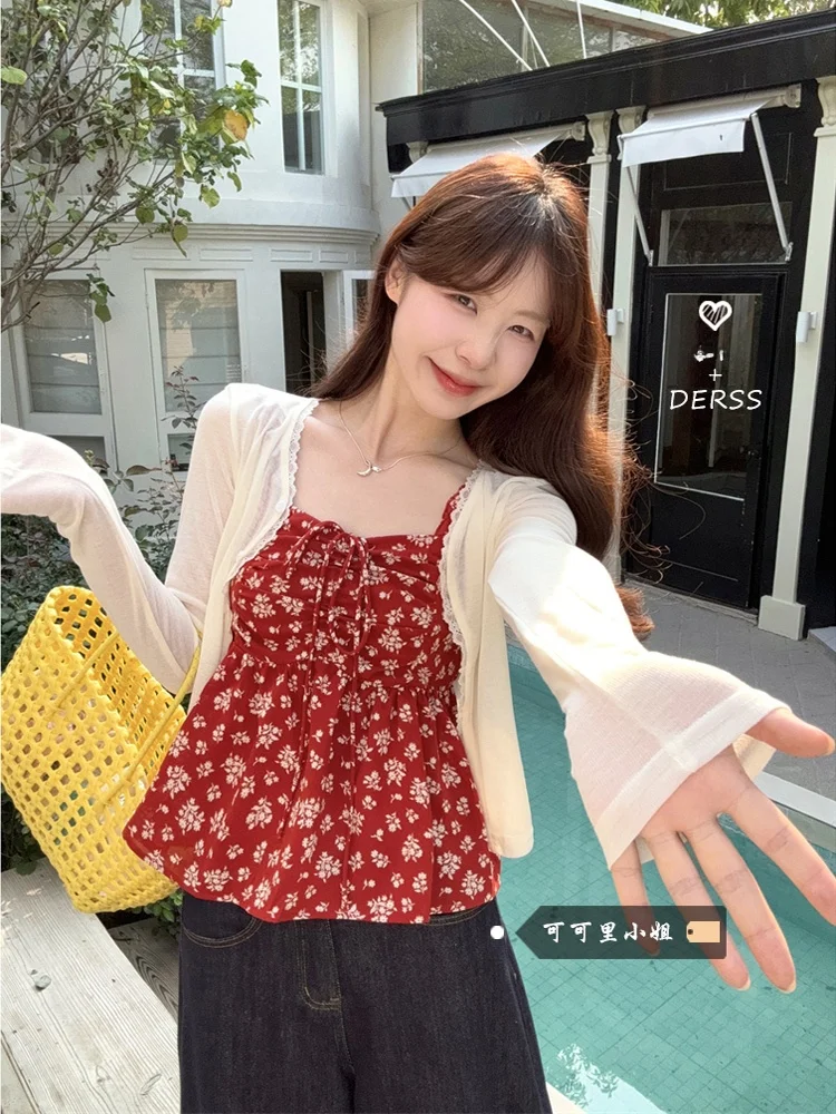 

Шикарный комплект из укороченного топа и кардигана с цветочным принтом, женский легкий жилет с длинными рукавами и защитой от солнца, V-образный вырез, новинка весенней коллекции