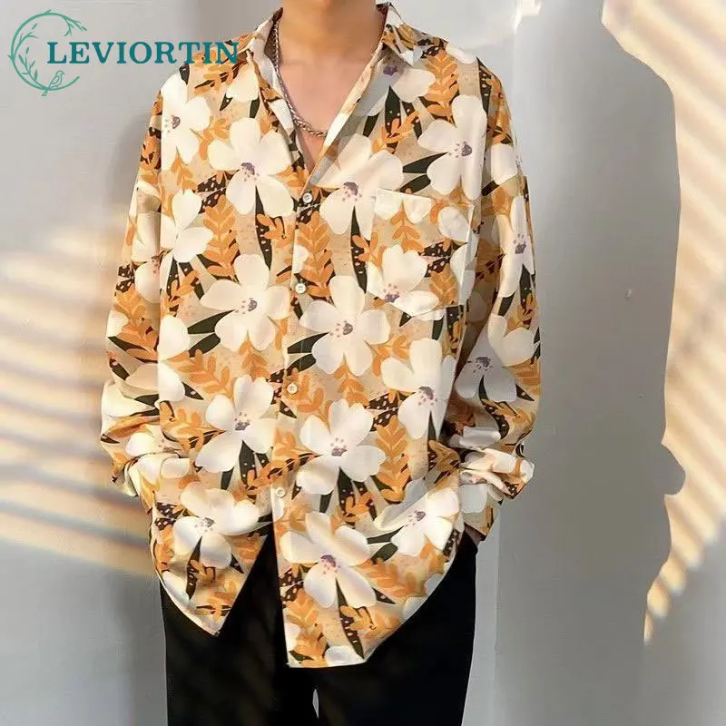 Mens Hawaiian Shirt Streetwear Hip Hop Flower Print Summer Beach Long Sleeve Shirts Men Fashion Casual Male Pocket Blouse Tops