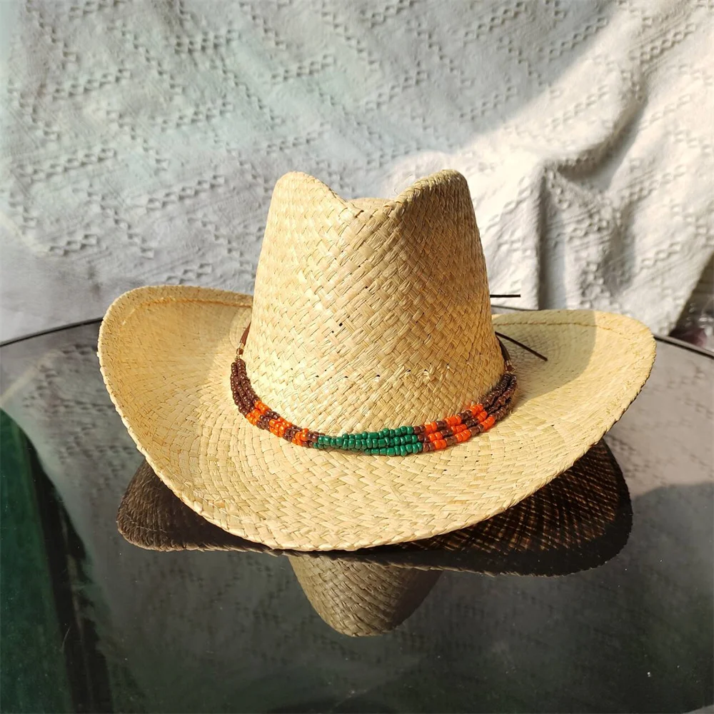 Summer Straw Hat Lafite Grass Round Top Straw Hat Jazz Hat Retro Colorful Beaded Accessories Fashionable and Minimalist Hat
