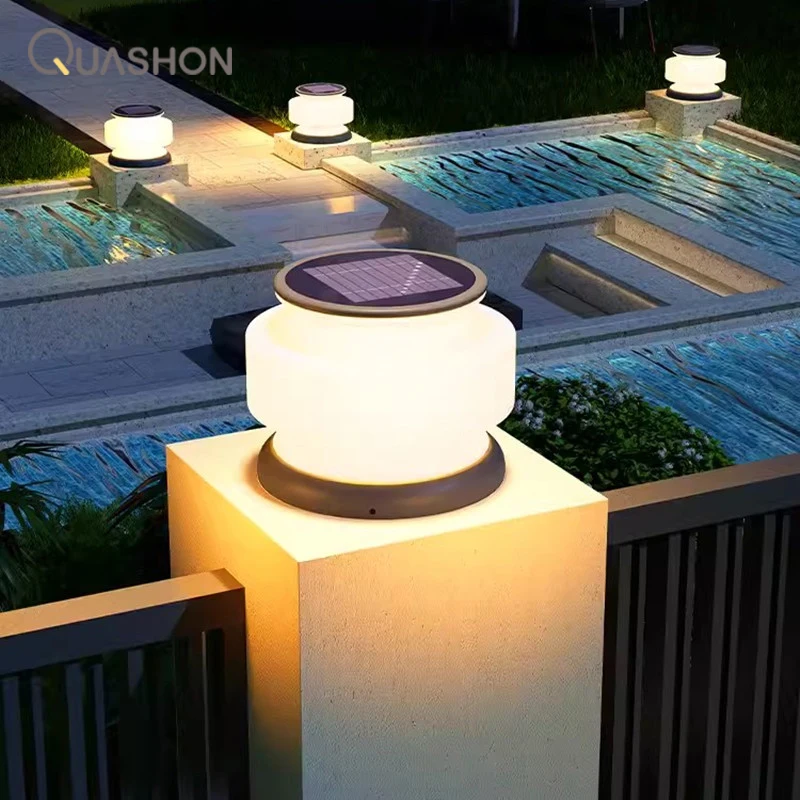 Solar Round Pillar Lamp Wall Lamp Outdoor Garden Light Waterproof Door Pillar Light Door Lamp Villa Column Head Lamp Gate Fence