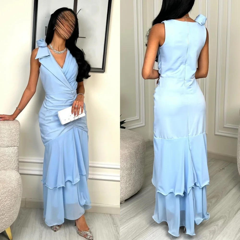 

Customized Modern Style Sexy Flower Tiered Straight V-neck Long Dresses Bespoke Occasion Dresses High Quality Sizes Available