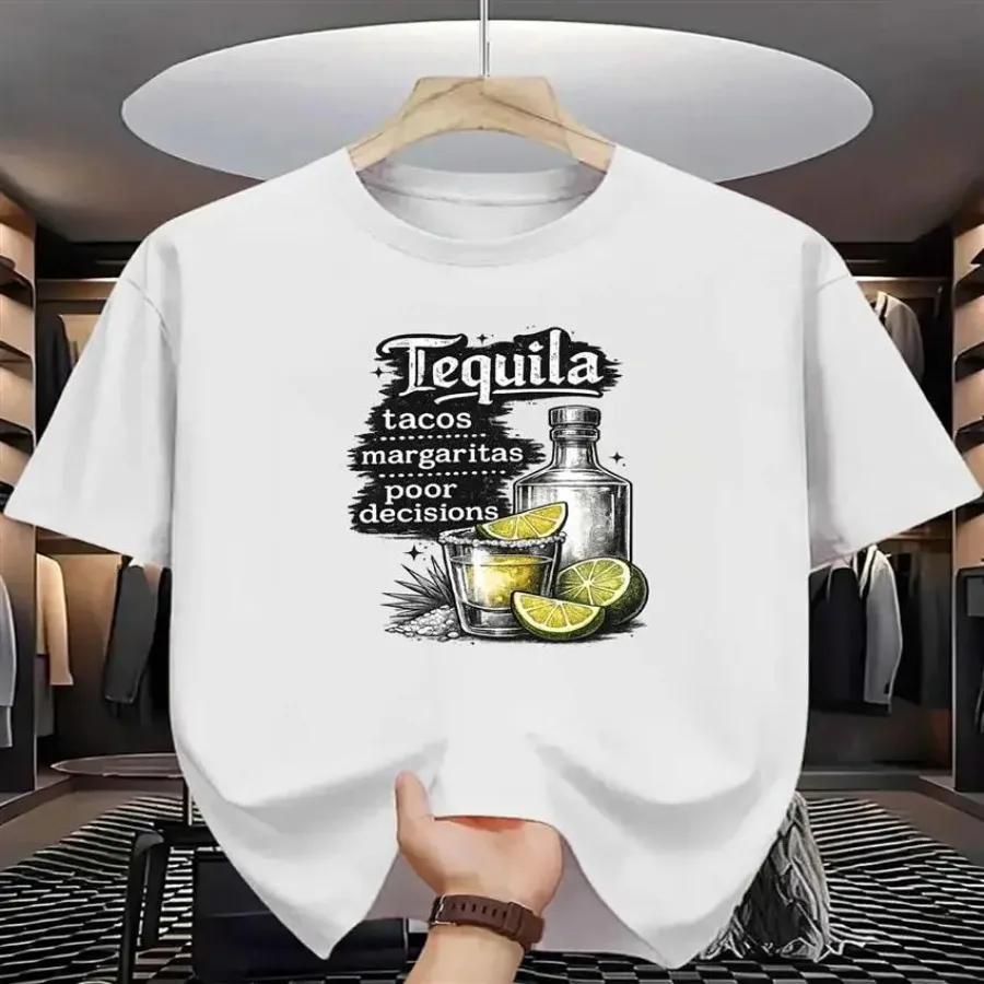 Camiseta de Algodón para Hombre con Estampado de Tequila, Tacos, Margaritas, Botella, Limón y Vaso, Algodón Puro, Impresión Premium, Duradera, Casual y a la Moda