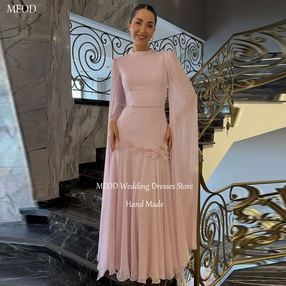

MEOD Flesh Pink Chiffon Women's Formal Evening Gowns A Line O Neck Appliques Robes De Soirée Floor Length Prom Gowns Customized