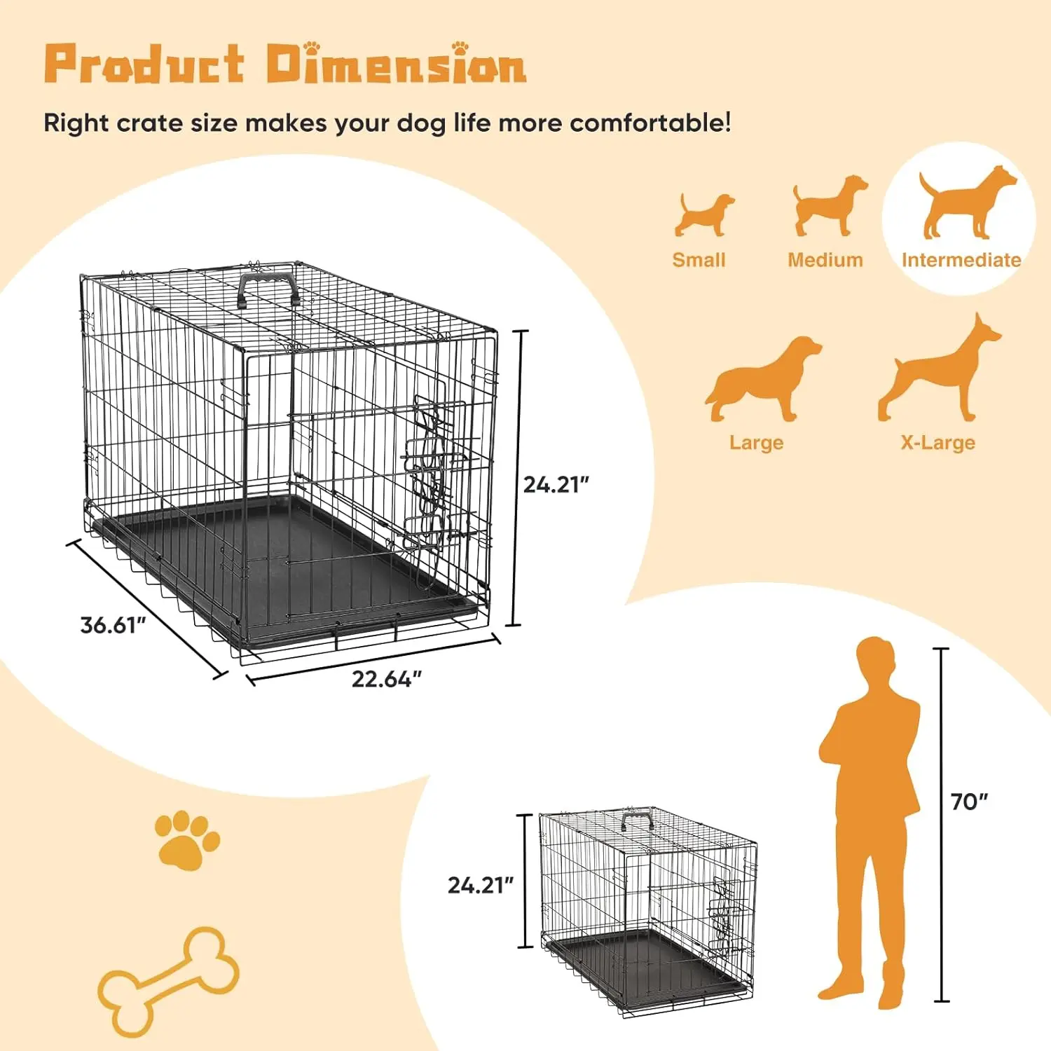 

Dog Crate, 36 Inch Medium Double Door Dog Cage with Divider Panel and Plastic Leak-Proof Pan Tray, Folding Metal Wire Pet Kennel