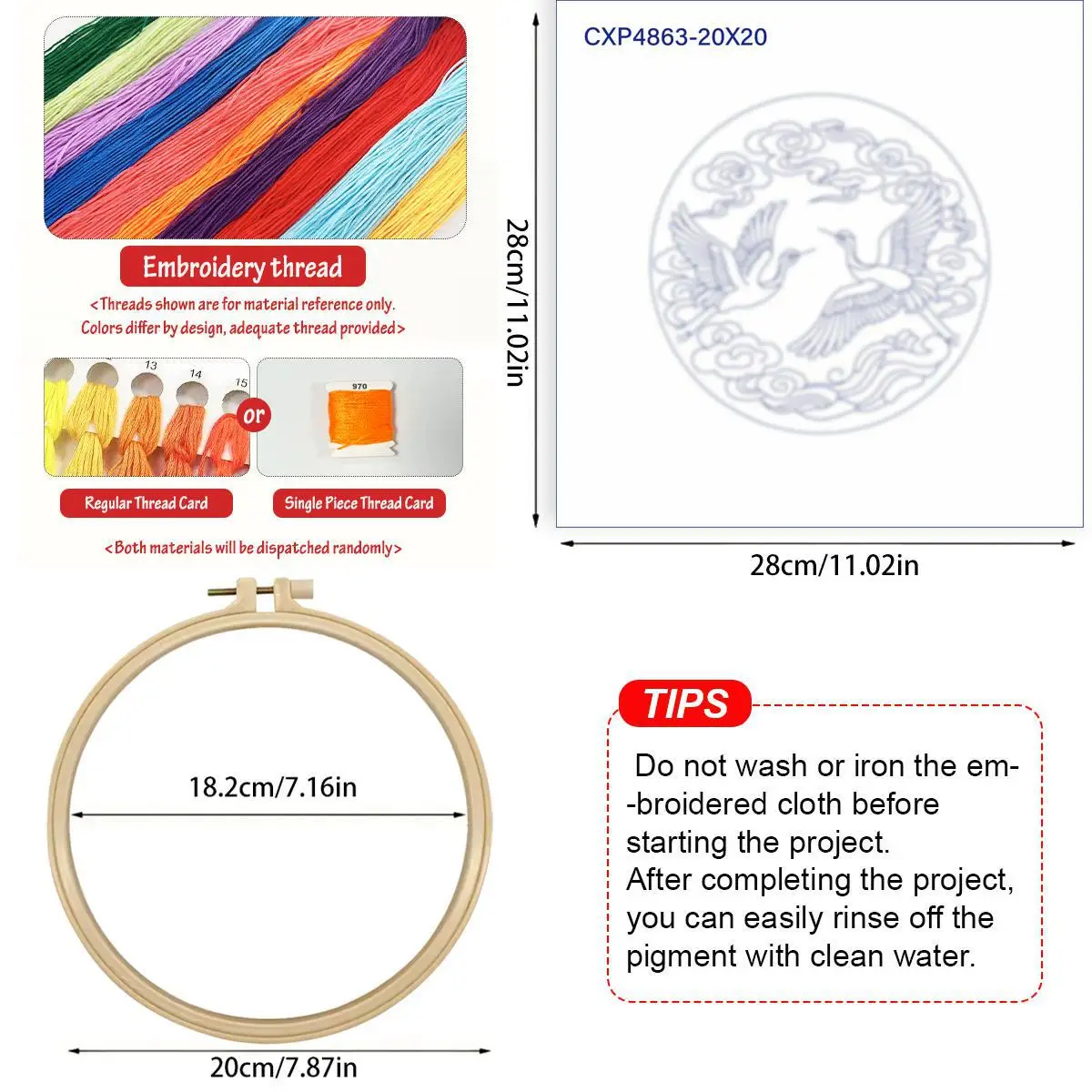 1 Stück 20X20CM/15X15CM 7,87/6,3 Zoll Kranich-Stickerei-Starter-Kit DIY-Kit DIY-Stickerei-Set Handarbeiten Heimdekoration Malerei – Detail 5