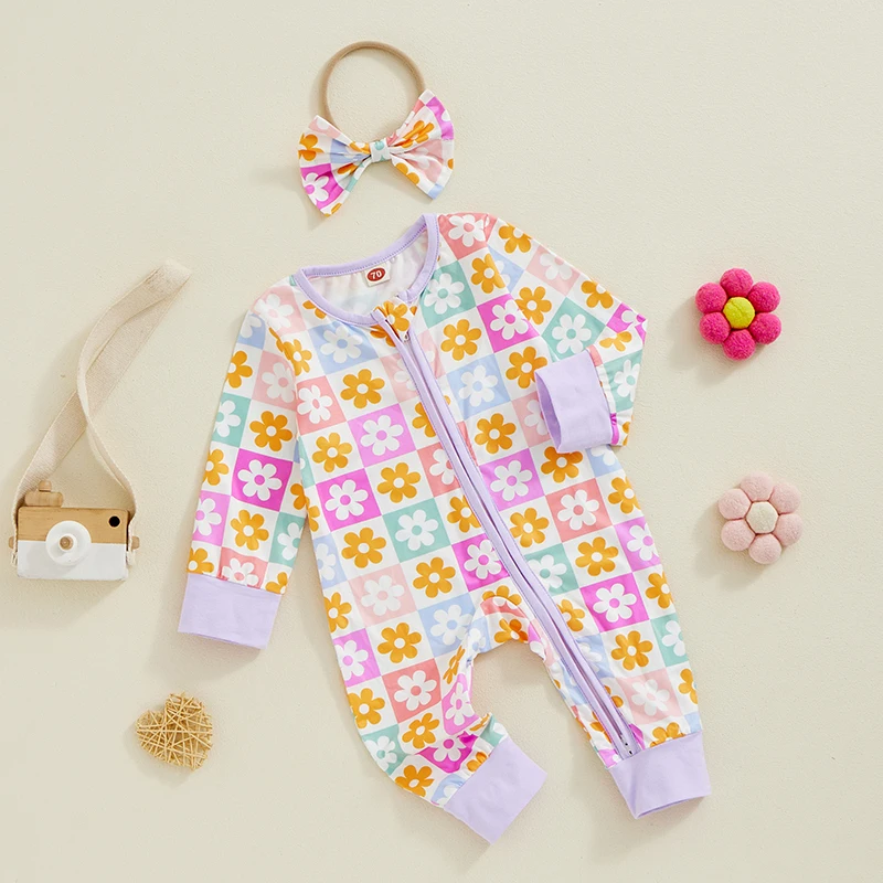 Mameluco con cremallera para niñas, monos de manga larga con estampado floral y lindo conjunto de diadema para niños pequeños, trajes de 2 piezas