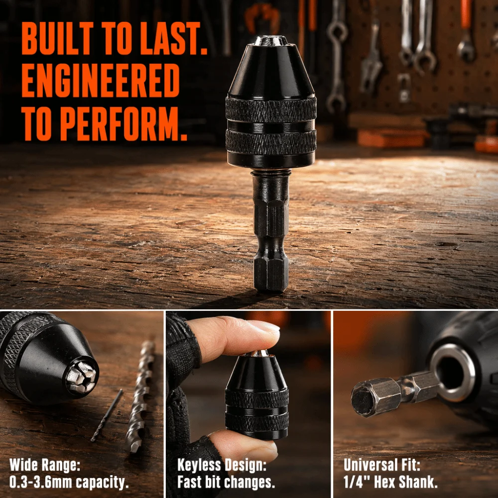 2pcs 1/4 Inch Hex Shank Keyless Drill Chuck 0.3-4mm Range 0.3-3.6mm Capacity Drill Bit Converter Quick Adapter Keyless Design