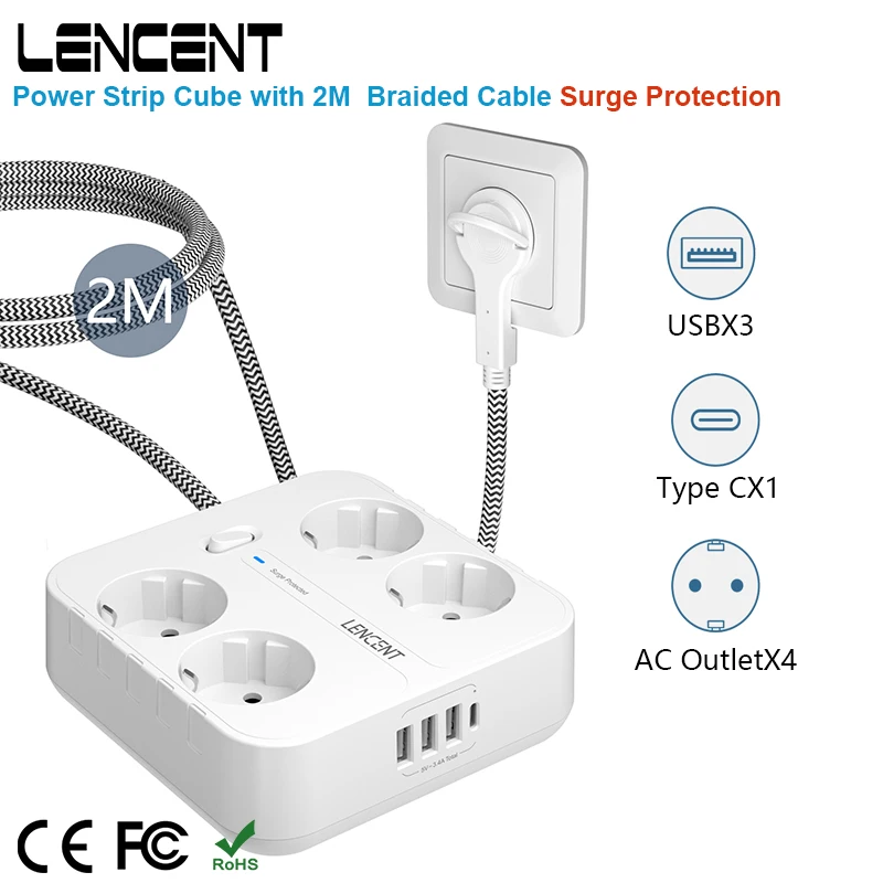 LENCENT EU Plug Power Strip  with 4 AC + 3 USB + 1 Type C 2M Braided Cable 700J Surge Protection Socket with Switch for Home