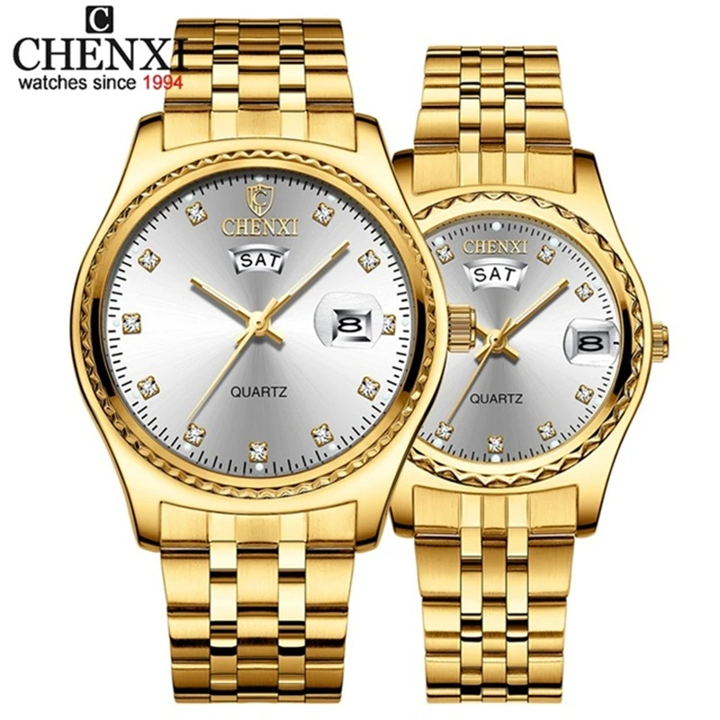 Fashion Chenxi Top Brand 8204a coppia di lusso al quarzo dorato in acciaio inossidabile orologio Casual impermeabile regalo per orologio da donna e da uomo