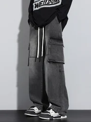 New Men's Baggy Straight Cargo Jeans Elastic Waist Vintage Blue Black Smoky gray Denim Pants Fashion High Street Male Trousers