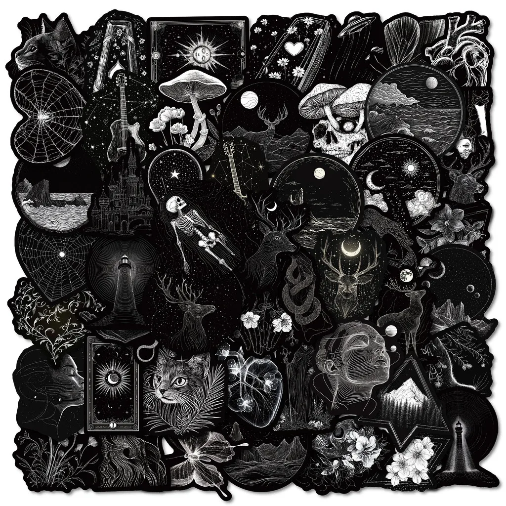 50 قطعة من ملصقات الكتابة على الجدران من سلسلة جماليات الخيال الأسود الرائع لشارات مقلمة اليد للدراجة