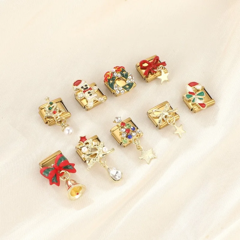 Vintage Christmas Series Pendant Shiny CZ Xmas Tree Gold Color Italian Charm Links Fit 9mm Stainless Steel Bracelet DIY Making