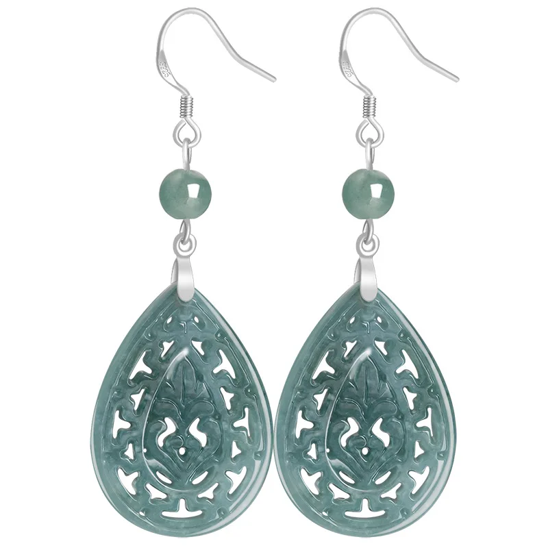 Natural A-grade Jade Vintage Hollow Cut Flower Earrings with Bean Seed S925 Silver Inlaid Jade Ethnic Women's Earrings Jewelry