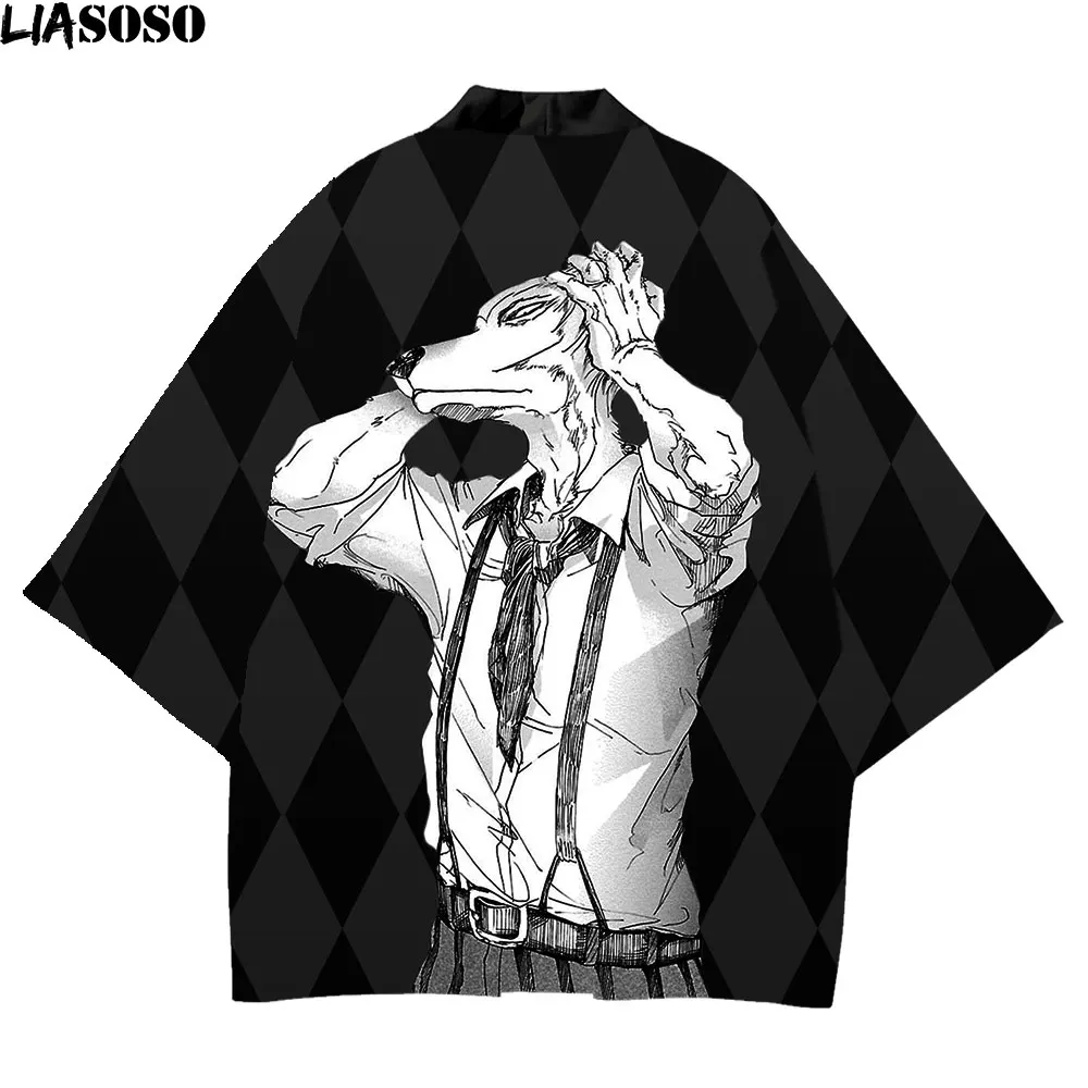 

LIASOSO 3D Print Kimono Men Anime Black Werewolf Antlers Male Cardigan Polyester BEASTARS Wolf Rabbit Japan traditional clothing