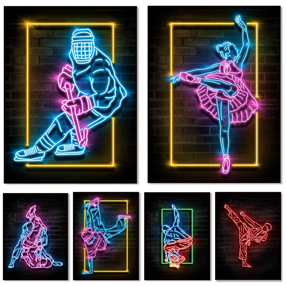 Martial arts, wrestling, sumo, hockey, skateboard, break dance, ballet neon effect illustration for decoration poster home decor