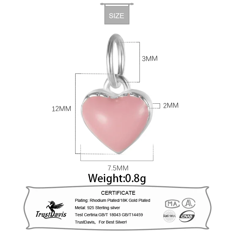 TrustDavis Real S925 Sterling Silver Romantic Pink Heart Charms Pendant for Bracelet or Necklace DIY Accessories Jewelry HY071