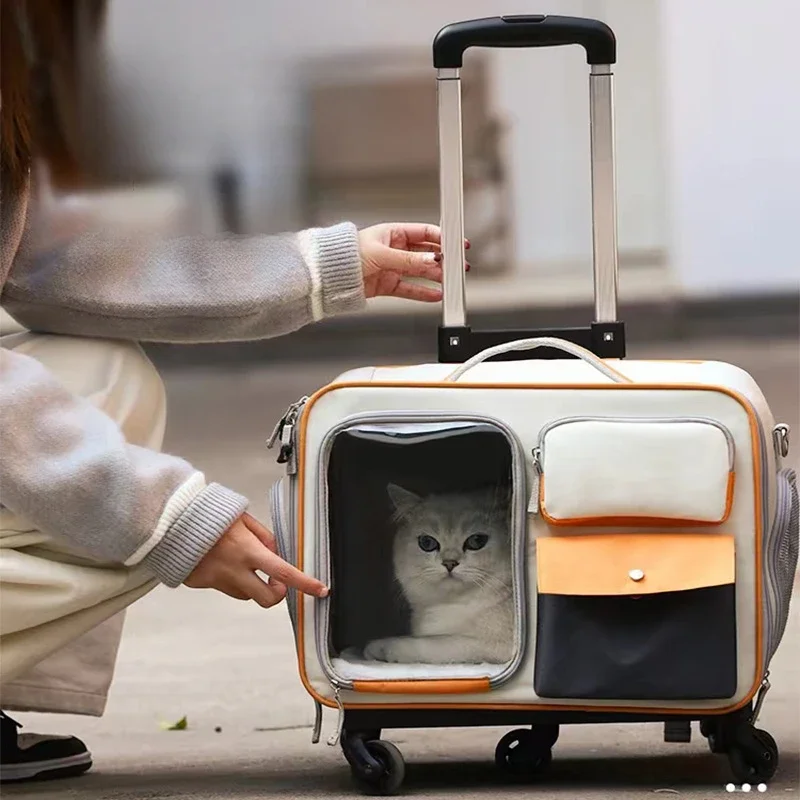 Cat Carrier Bag Pet Trolley Case Small Dog Luggage Bags Portable Cat Backpack Pushable Shoulder/portable/diagonal Bag Detachable