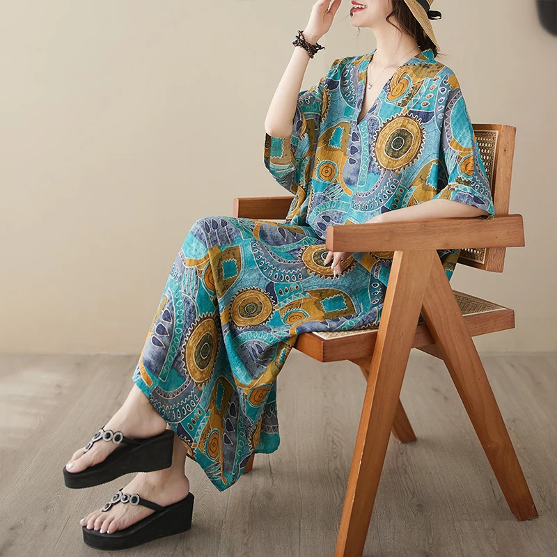 Extra grande tamanho verão dr feminino solto vintage impressão v-ne férias saia longa mistura de algodão ort sve a-line dr