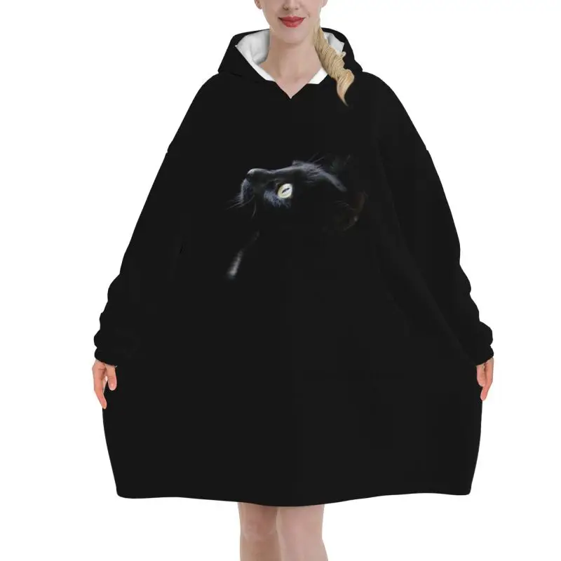 Black Cat Looking Up Blanket Hoodie Cute Women Wearable Sweatshirts Pullover Winter Warm Fleece Hooded Blanket