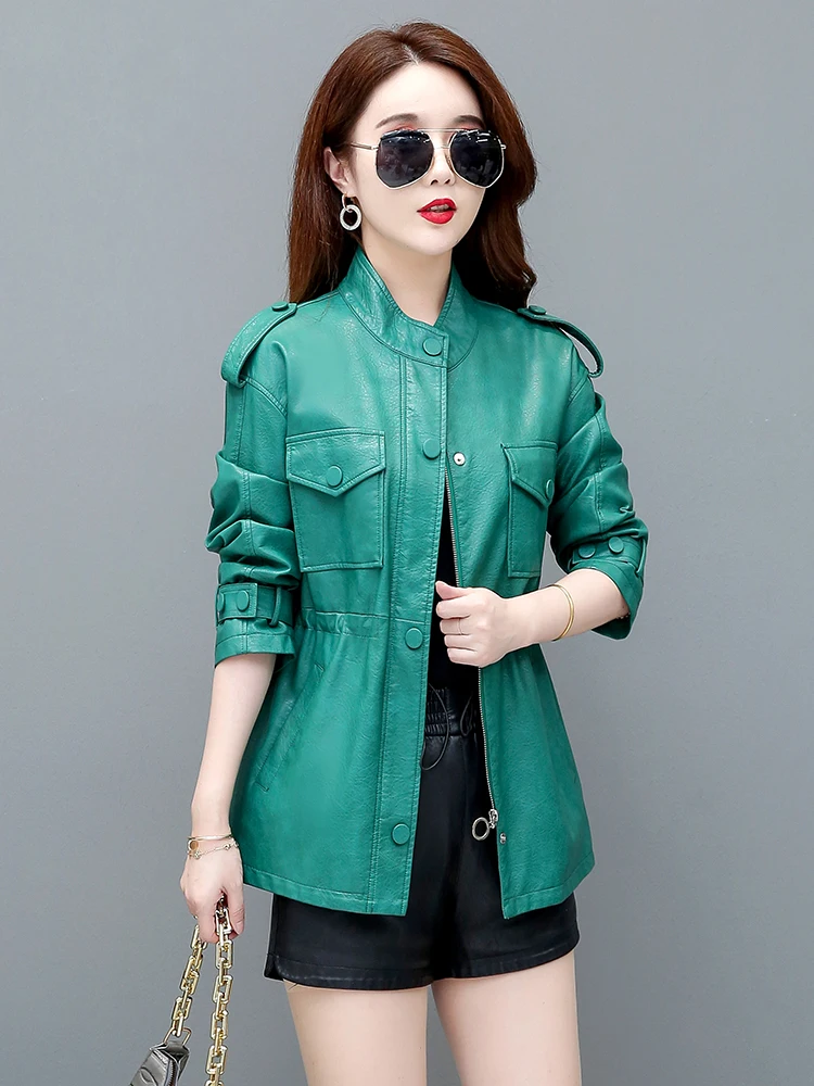 Vrouwen Schapenvacht Jassen 2025, Herfst Koreaanse Losse Elastische Taille Casual Vrouwelijke Lange Mouwen Slim-fit Split Lederen jassen