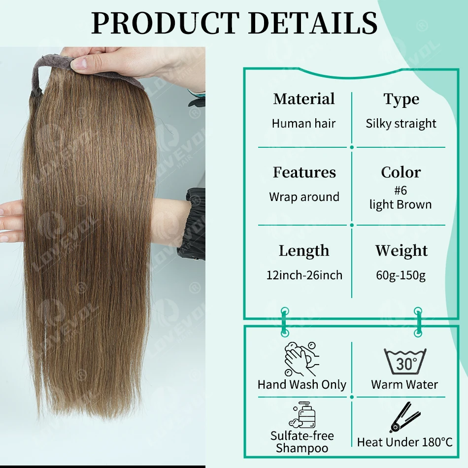 Lovevol 60G-150G Wrap Around Ponytail Extension Human Hair Ponytai Remy Hair Long Straight Clip-in Human Hairpiece For Women