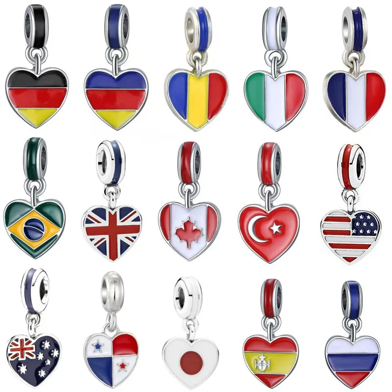 10pcs Heart Flags Charms for Bracelet Keychain Necklace DIY Alloy UK Turkey Brazil Germany Soccer Theme Pendants