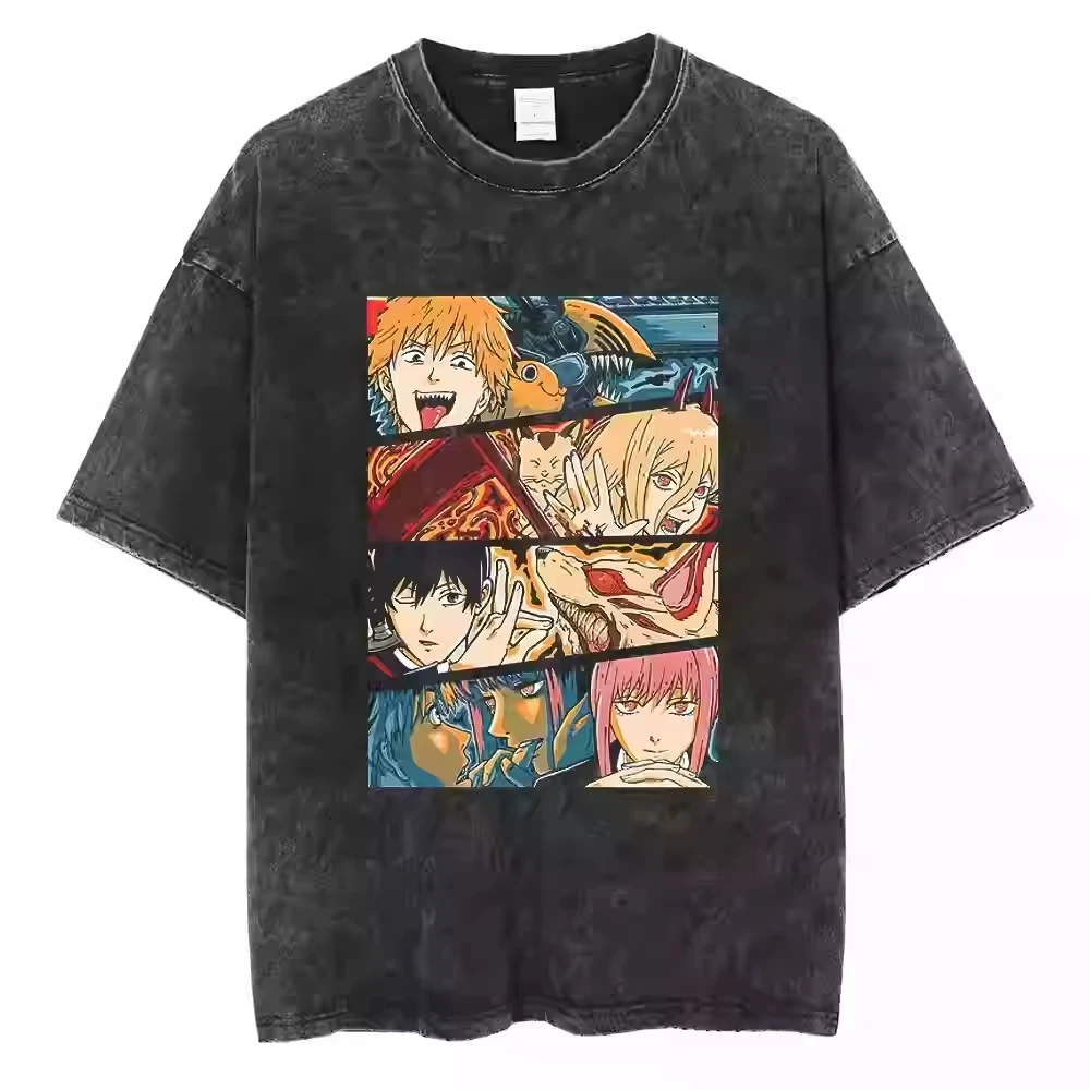 Camiseta de Anime Chainsaw Man, Camiseta Gráfica de Denji Power Makima Aki, Ropa para Hombre, Camiseta de Manga Corta de Algodón Lavado, Camiseta Extra Grande