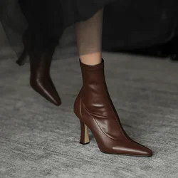 Women High Heel Short Leather Boots  New Boots Female Pointed Thin Heel Boots Ladies Ankle Short Boots Botas De Mujer 2024