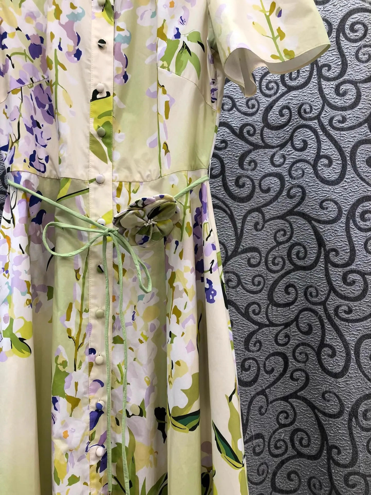 100% 면 롱 드레스 2026 봄 여름 여성용 턴다운 칼라 스위트 플로럴 프린트 벨트 장식 반팔 롱 맥시 드레스 럭셔리