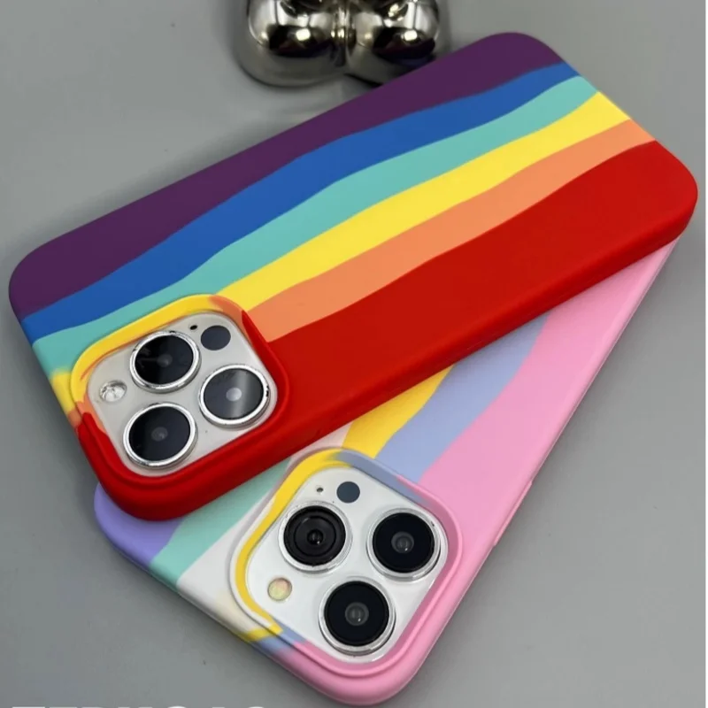 Cute Rainbow Stripe Silicone Soft Case for iPhone 15 14 13 12 11 Pro Max Plus Case Fall Protection Cover  for APPLE Bumper