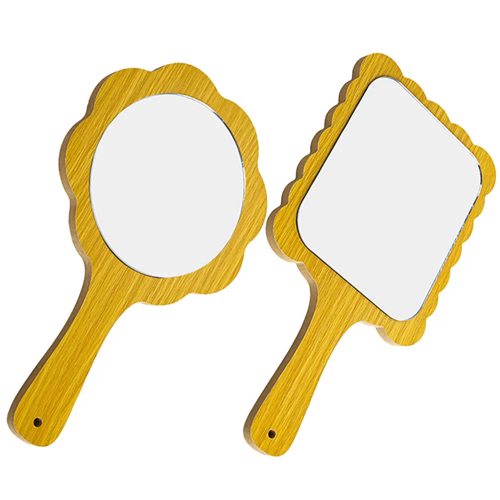 2Pcs Wooden Hand-Held Makeup Mirrors Small Portable Lightweight Vanity Mirrors for Travel Home Use Mirror Wooden Mirror
