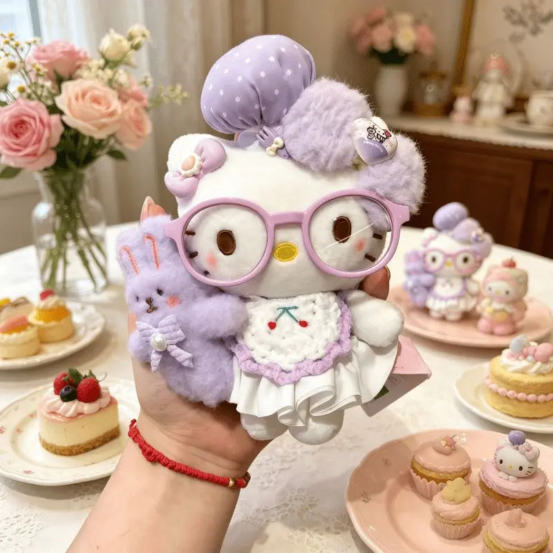 Boneca de Pelúcia Macia Genuína com Etiqueta Original Hello Kitty com Óculos e Design de Coelho Abraçando, Enfeite para Mochila, Presente para Amigos e Festivais