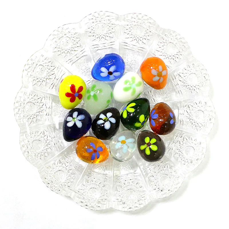 6PCS Colorful Cute Murano Glass Easter Egg Shape Ornaments Flower Pattern Design Rare Oval Marbles For Holiday Home Table Decor