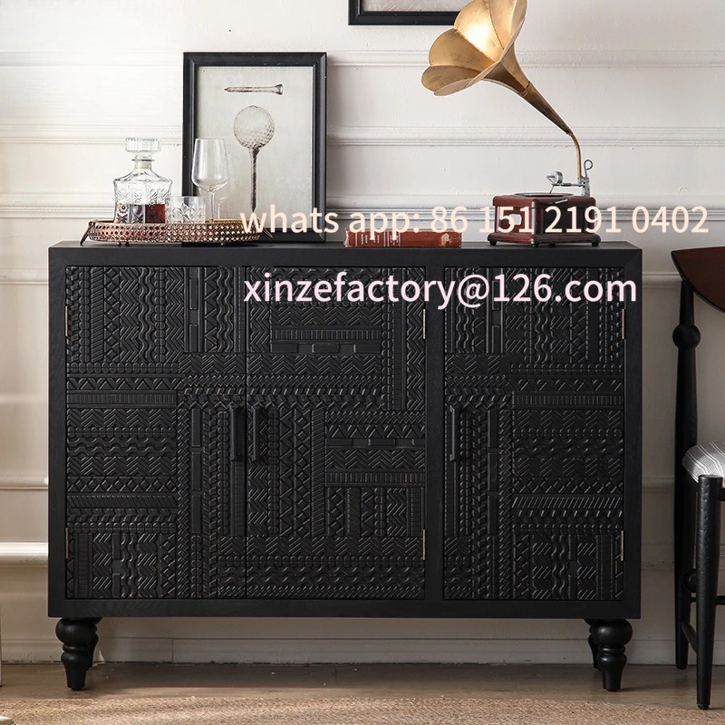 

Customizable wabi-sabi style Belgian black carved TV cabinet minimalist Indonesian vintage storage antique furniture