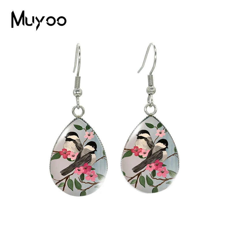 2023 New Flower Birds Tear drop Earring Robin Art Fish hook Earrings Glass Dome Jewelry Handmade Items
