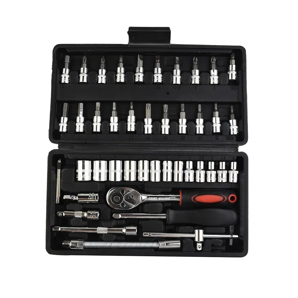 46pcs/set Wrench Socket Screwdriver 1/4 "auto Repair Tool Ratchet Wrench Socket Kit With Plastic Storage Case