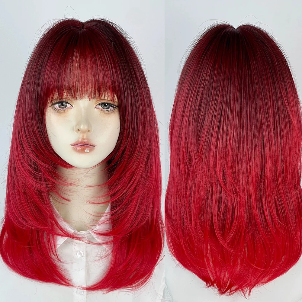 Ombre Red Synthetic Medium Long Layered Wigs with Bangs Women Lolita Cosplay Fluffy Heat Resistant Wig for Daily Party