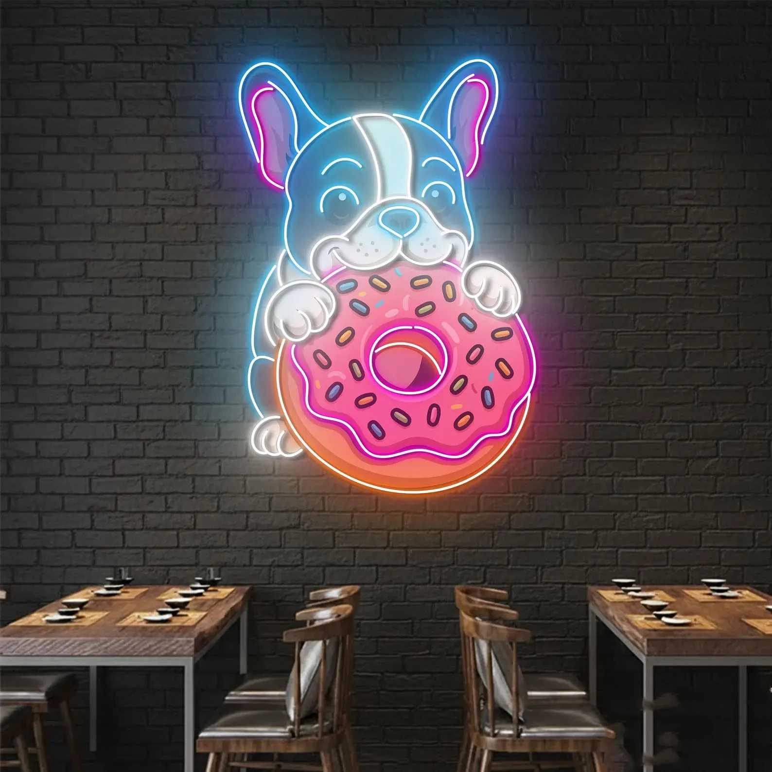 

Французский бульдог с неоновой вывеской в виде пончика, неоновая вывеска из коса, декор магазина с пончиками, неоновая вывеска для выгоды, подарок для любителей домашних животных, деловая неоновая вывеска