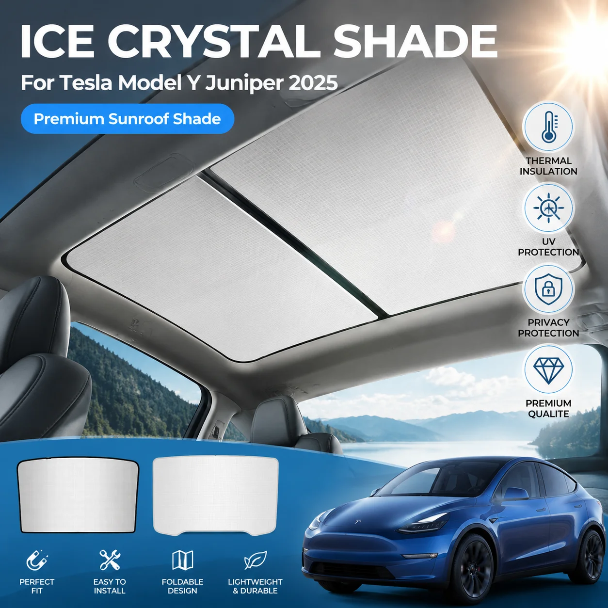 

2026 NEW For Tesla Model Y Juniper 2025 New Upgrade Ice Cloth Buckle Sun Shades Sun Roof Sunshade
