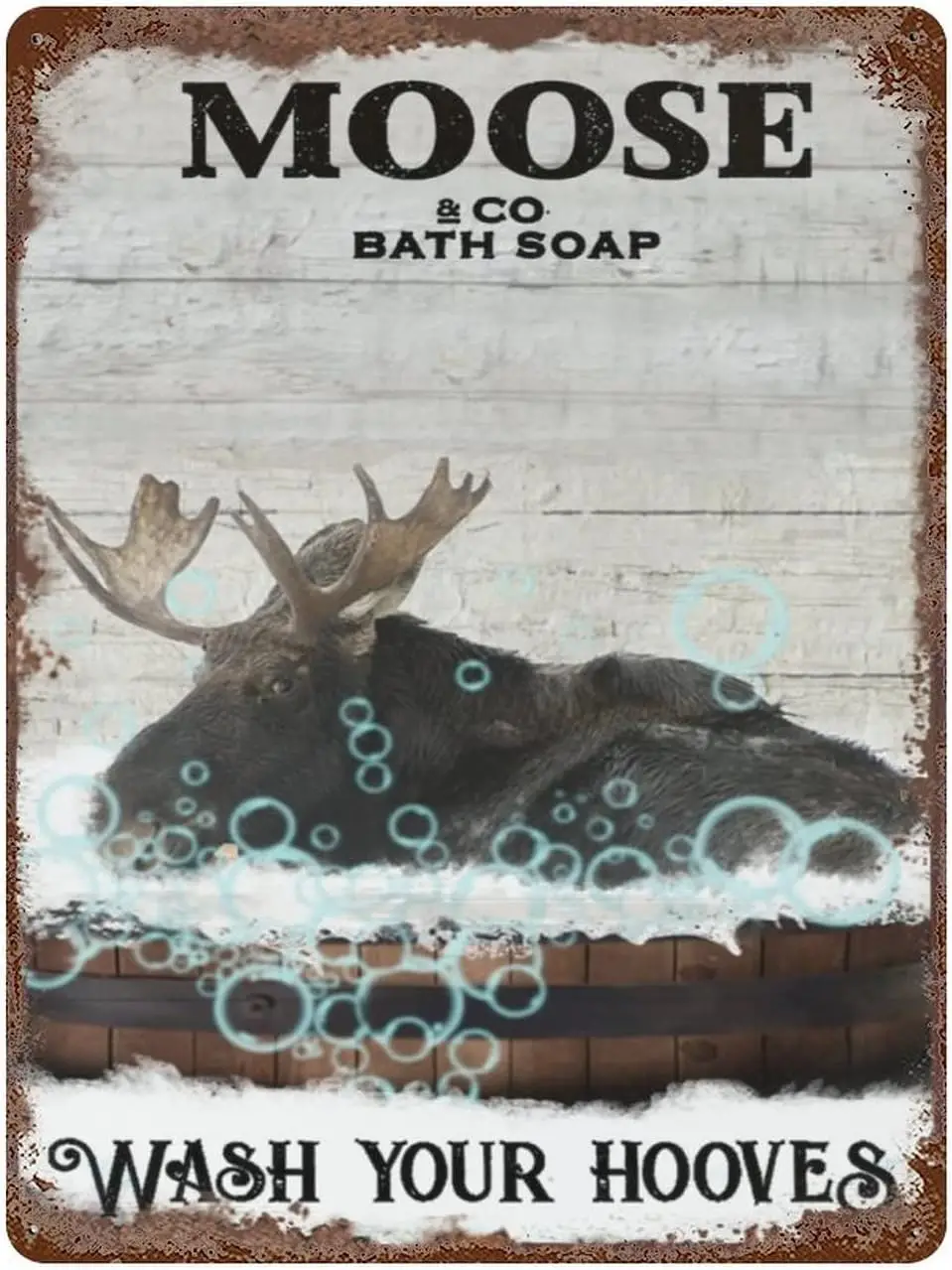 Vintage Iron Hanging Plate Moose Bath Soap Wash Your Hooves Metal Tin Sign, Moose Print, Funny Bathroom Decor, Animal sign