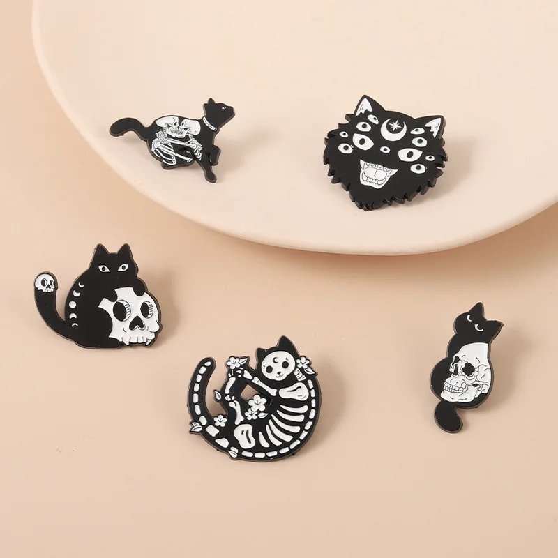 Pin Club | Black Cat Custom Enamel Brooch Gothic Skull Skeleton Animal Lapel Badge Creative Alloy Jewelry Gift Backpack Hat Deco