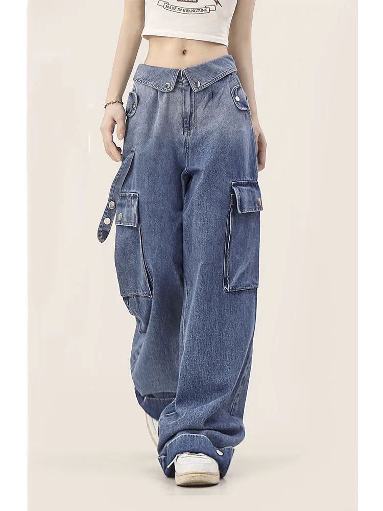 

American Streetwear Cargo Jeans Y2K Style Gradient Color Flip Waist Design Wide Leg Jeans Women Comfortable All Match Jeans